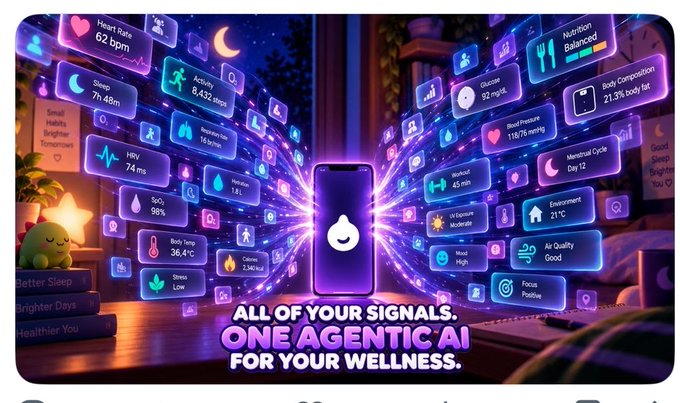 A vibrant promotional graphic displaying various health and wellness metrics (Heart Rate, Sleep, HRV, Body Temp) floating around a smartphone, with the text 'ALL OF YOUR SIGNALS. ONE AGENTIC AI FOR YOUR WELLNESS.'