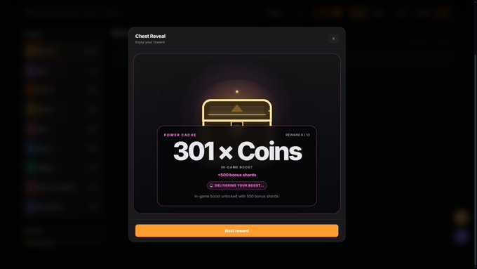A 'Chest Reveal' reward screen showing '301 × Coins' with a 'POWER EAGLE' in-game boost unlocked, reward 0/10, displaying 'DELIVERING YOUR BOOST' and 'Mint now!' button.