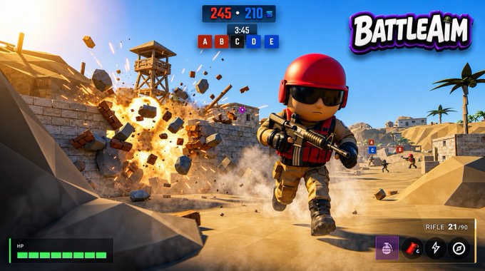 A promotional screenshot of the browser-based game "BATTLEAiM" shows a soldier in a red helmet and tactical gear running forward with a rifle as an explosion blasts bricks and debris in the background, with HUD elements displaying a score of 245-210, a 3:45 timer, weapon info "RIFLE 21/90," and an HP bar—visually supporting the post's claim that BattleAim already has a playable game rather than just promising one.