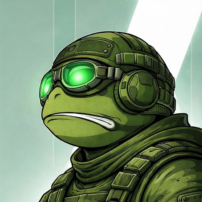 A comic-style illustration of a soldier in green camouflage tactical gear wearing night-vision goggles with bright green glowing lenses, set against a light green background.