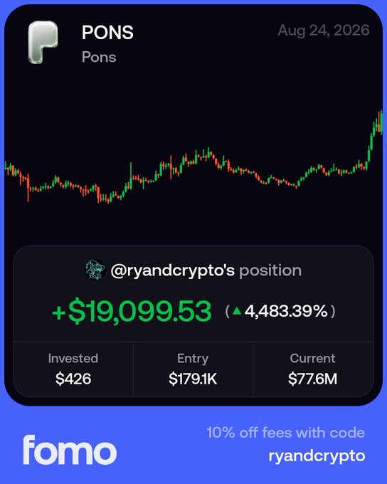 A mobile app screenshot from 'fomo' showing a PONS token chart with @ryandcrypto's position showing +$19,099.53 (4,483.39%), invested $426, entry $179.1K, current $77.6M.