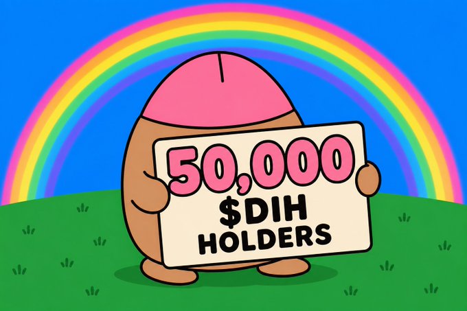 A cartoon acorn character holding a sign reading '50,000 $DIH HOLDERS' against a rainbow background.