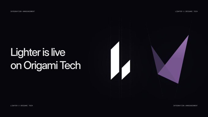 The image features an advertisement with a black background that displays three different shapes - a triangle, a purple triangle, and a white square. The text "Lighter is live on Origami Tech" is written above each shape, indicating their association with the Lighter company's origami technology. The post also mentions that the company has become an official builder for Origami Tech, which means they are responsible for integrating Origami Tech into their products and services to provide a more seamless experience for users.