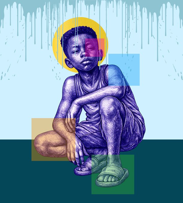 A stylized digital illustration of a young boy crouching, rendered with purple, blue, and orange tones against a light blue background featuring geometric shapes and paint drip motifs.