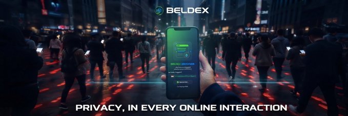 An advertisement for BELDEX showing a hand holding a smartphone displaying a private exchange app, with the tagline 'PRIVACY, IN EVERY ONLINE INTERACTION' across a busy street scene.