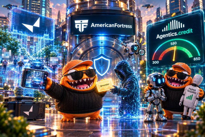 A vibrant digital artwork displays characters in orange hoodies and sunglasses in a futuristic city, featuring logos for 'AmericanFortress' and 'Agentics.credit'.