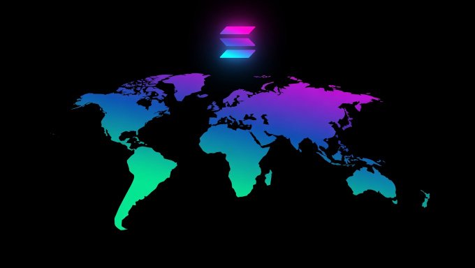 A colorful gradient world map (showing the Americas, Africa, Asia, and Australia) with a glowing pink and blue Solana logo hovering above it on a black background.