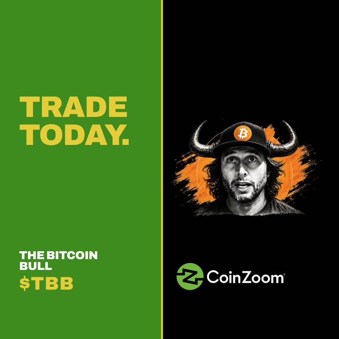 A promotional graphic features 'TRADE TODAY.' in yellow text on a green background, alongside an illustration of a bearded man wearing a horned helmet with a Bitcoin logo, labeled 'THE BITCOIN BULL $TBB' and branded with the CoinZoom logo.