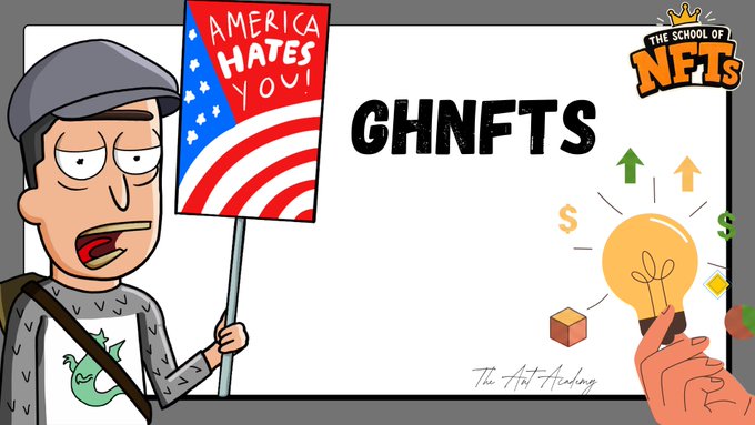 The image is a cartoon-style promotional graphic for the NFT collection "GHNFTS" by "The School of NFTs," featuring an angry protester holding an "America Hates You" sign alongside the collection's name and a lightbulb symbol with dollar signs. The accompanying post celebrates the GHNFTS community's impressive recent trading metrics, including $3,659 in weekly volume, $841 peak daily volume, $93 peak average sale price, and 3 consecutive days of consistent sales activity.