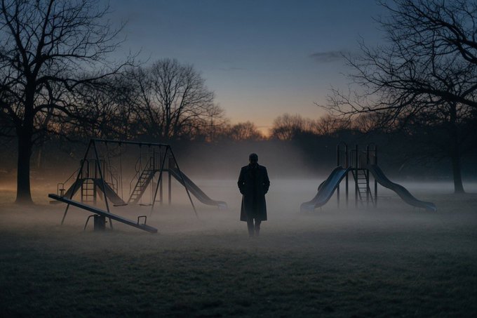 A solitary figure in a long coat stands in a misty, empty playground at twilight, surrounded by silhouetted playground equipment including slides, swings, and a seesaw beneath a hazy blue and orange sky.
