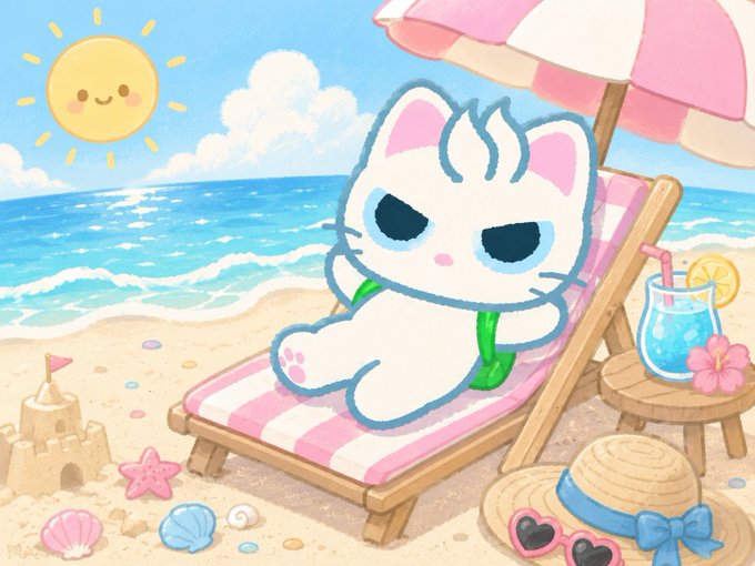 The image features a cartoon cat sitting on an umbrella chair at the beach, with a beach scene behind him. The cat appears to be enjoying its time by the ocean, surrounded by various objects such as a beach ball, a cup of lemonade, and a sandcastle. The post is titled "周日休息休息", which suggests that it might be related to an advertisement or promotion for a product or service.