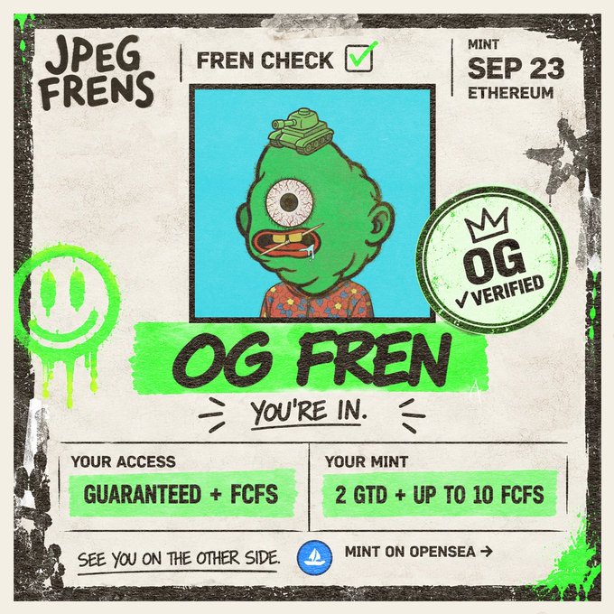'JPEG FRENS' NFT mint card labeled 'OG FREN' featuring a green cyclops zombie character with a tank on its head, marked 'MINT SEP 23 ETHEREUM' and 'OG VERIFIED.'