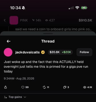 A screenshot of a thread on what appears to be a crypto social platform shows user "jackduvalcalls" posting, "Just woke up and the fact that this ACTUALLY held overnight just tells me this is primed for a giga pve run today," with the post garnering 59 likes and 4.1K views. Above it, a ticker labeled "PINK" shows a 14% gain with a market cap of $910.5K, fitting the "Cinema." caption as the volatile crypto chart tells a dramatic visual story of overnight holding.