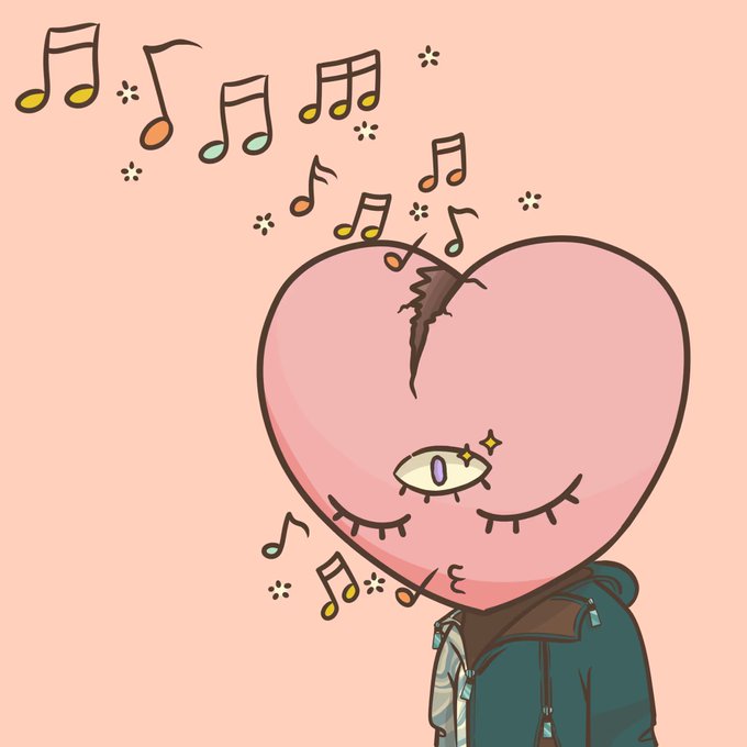 A cartoon character with a large pink heart-shaped head that has a visible crack, one large green eye, and a green hoodie, surrounded by floating colorful musical notes against a peach background.