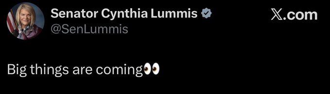 A tweet from Senator Cynthia Lummis (@SenLummis) on X.com that says, 'Big things are coming 👀'.