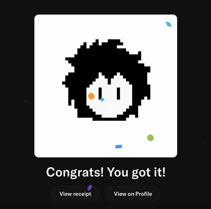 A pixel-art style congratulations screen displays "Congrats! You got it!" alongside buttons for "View receipt" and "View on Profile," featuring a cute black-haired character with colorful accents. This appears to celebrate a successful NFT or digital collectible mint related to the $BLNK promotion highlighted in the post.