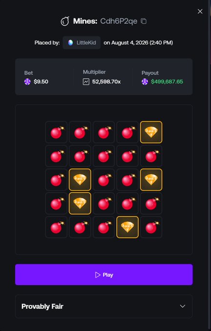 A screenshot of a Mines game on Shuffle.com shows user "LittleKid" placing a $9.50 bet on August 4, 2026, that hit a massive 52,598.70x multiplier for a $499,687.65 payout, illustrating the post's claim of stacking more $SHFL with a risky gamble.