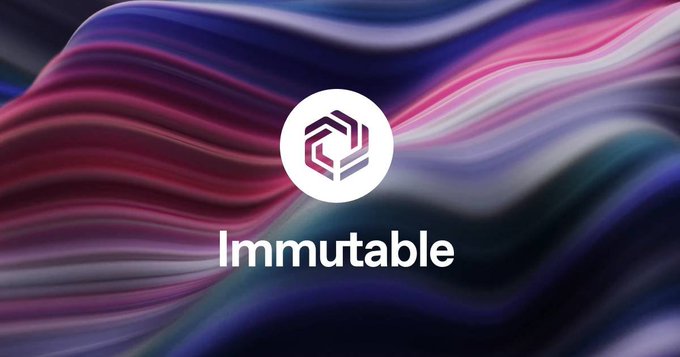 The Immutable logo, a hexagonal emblem, centered on a flowing abstract background of purple, pink, and blue waves with the word 'Immutable' beneath it.