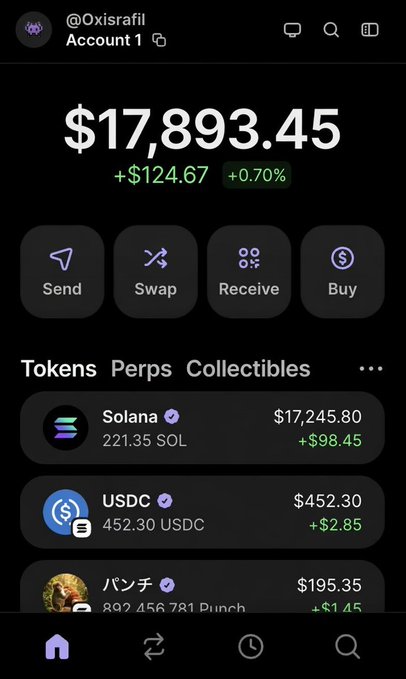 The image shows a crypto wallet display from account @Oxisrafil showing a total balance of $17,893.45 (+$124.67), with the largest holding being 221.35 SOL (Solana) valued at $17,245.80, alongside smaller USDC and Punch token holdings. The screenshot relates to the post by illustrating the "unemployed" Solana bag that the user is moving into a yield protocol to start earning passive rewards instead of just sitting idle.