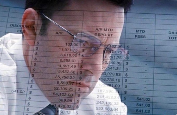 A man wearing glasses is overlaid with a financial spreadsheet showing columns for 'A/R', 'A/R MTD DEPOSIT', 'MTD FEES', and 'DAILY TOTAL', filled with various dollar amounts.