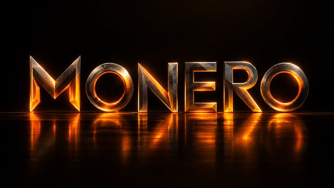 A 3D rendered logo displaying "MONERO" in metallic letters with orange fiery glowing accents on a dark reflective surface.