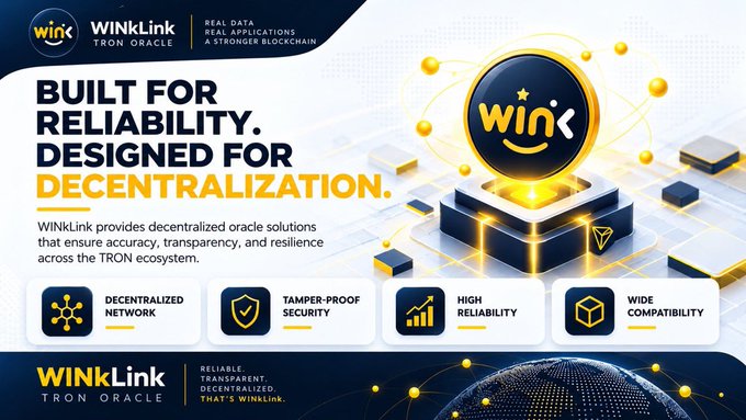 A promotional graphic for WINkLink TRON ORACLE with the tagline 'BUILT FOR RELIABILITY. DESIGNED FOR DECENTRALIZATION,' highlighting features like decentralized network, tamper-proof security, high reliability, and wide compatibility.