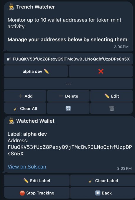 A Telegram bot interface for 'Trench Watcher' displaying a 'Watched Wallet' labeled 'alpha dev' with a Solana address and options to stop tracking or edit the label.