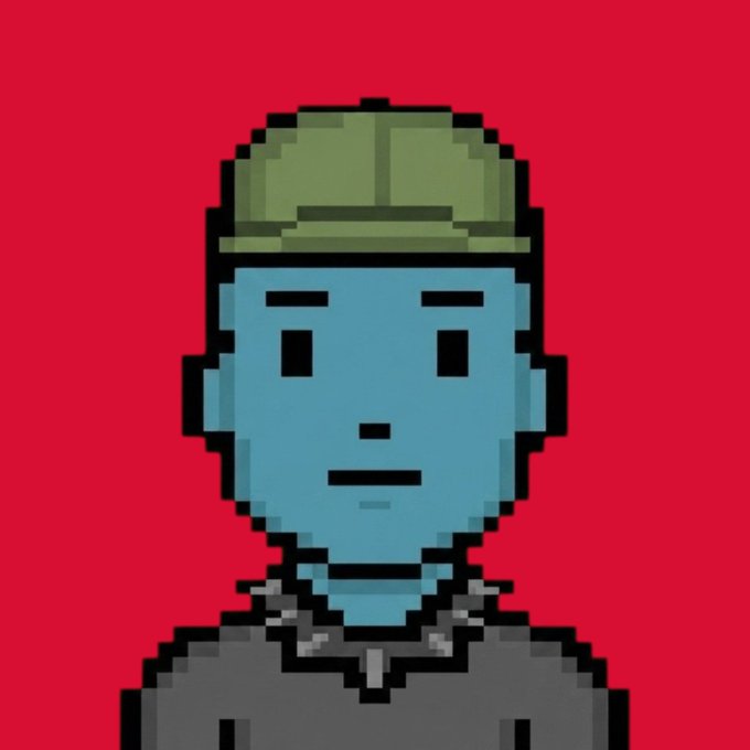 A pixel art portrait of a blue-skinned character wearing a green cap against a red background.