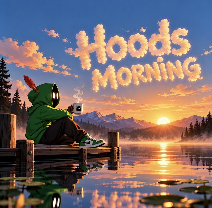 An illustrated digital artwork featuring a hooded character with glowing white eyes sitting on a wooden dock, drinking from a mug, with the text 'Hoods Morning' formed by clouds in the sky above a scenic lake at sunrise.