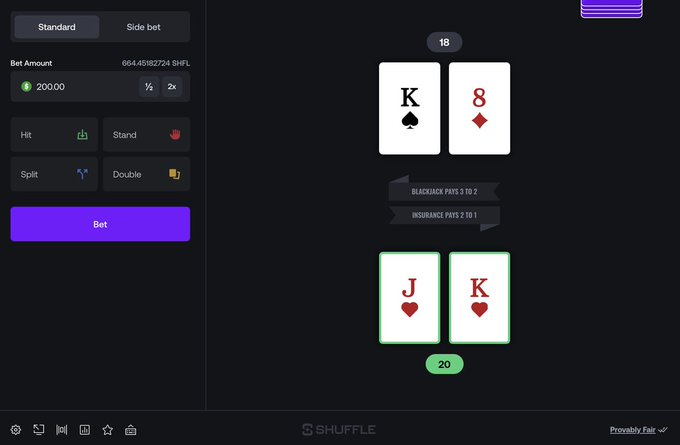 A Provably Fair blackjack game on Shuffle shows the player winning with a 20 (Jack of Hearts, King of Hearts) against the dealer's 18 (King of Spades, 8 of Diamonds) on a $200 bet, illustrating the poster's "first hand luck" claim about to be celebrated by splitting winnings with four commenters.
