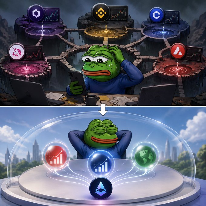 The image features an illustration with a frog sitting at a desk, surrounded by various objects such as a cup, cell phone, and computer monitor. The frog appears to be using its cell phone while sitting at the desk. In addition to these items, there are several other objects in the scene that include a laptop, a keyboard, and a mouse.

The image also contains text elements related to finance and cryptocurrency, such as "focus on what is in the image" and "Focus on @useTria is taking a different approach instead of sending users across more ecosystems." These elements suggest that the image might be discussing or highlighting the fragmentation of modern finance and how it has led to the development of various apps for managing different accounts and liquidity pools.