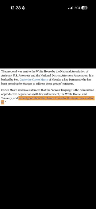 A screenshot of a mobile news article discusses a proposal sent to the White House by the National Association of Assistant U.S. Attorneys, mentioning Sen. Catherine Cortez Masto and AG Pam Bondi, with a highlighted quote: "I don't feel good about the chance to resolve this issue once and for all."
