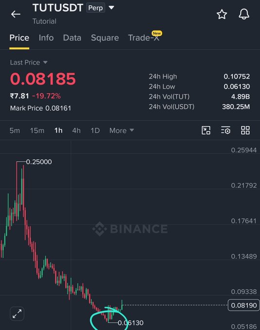 A Binance perpetual futures chart shows TUTUSDT trading at 0.08185 (₹7.81), down 19.72% in the last 24 hours, with a circled bounce off the $0.06130 low that visually confirms the post's claim of a clean price reaction at the $0.06 support zone.