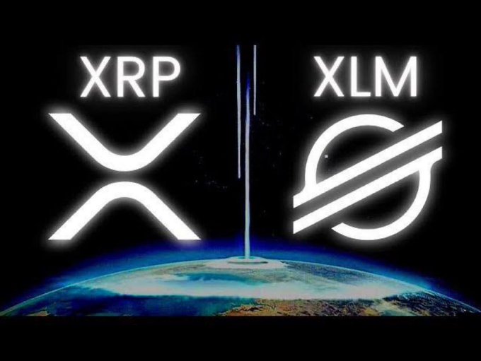 A graphic showing the XRP and XLM cryptocurrency logos facing off, separated by a beam of light over a view of Earth.
