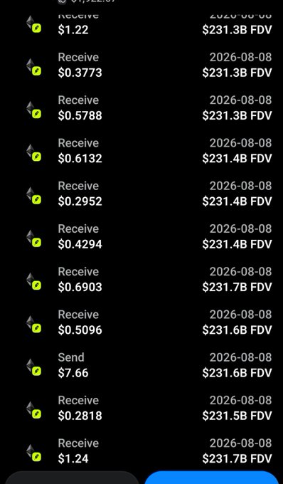 A mobile cryptocurrency transaction history screen shows multiple 'Receive' transactions dated 2026-08-08 with various amounts, FDV values around $231B, and one 'Send' transaction for $7.66.