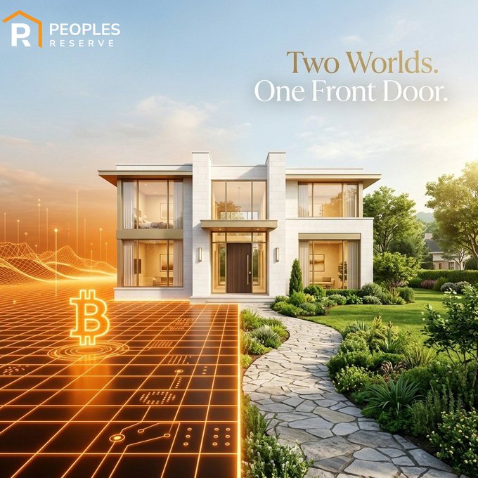 An advertisement for 'Peoples Reserve' features the slogan 'Two Worlds. One Front Door,' depicting a modern white house split between a digital orange grid landscape with a Bitcoin symbol and a lush green garden with a stone pathway.