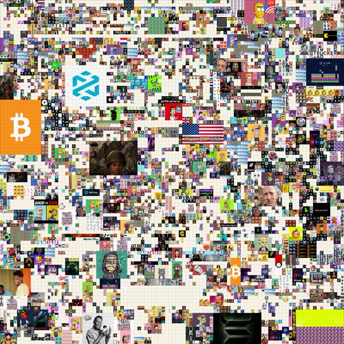 A dense mosaic image resembling the Reddit rplace canvas, filled with countless small pixel art tiles, including visible Bitcoin logos, flags, and character drawings.