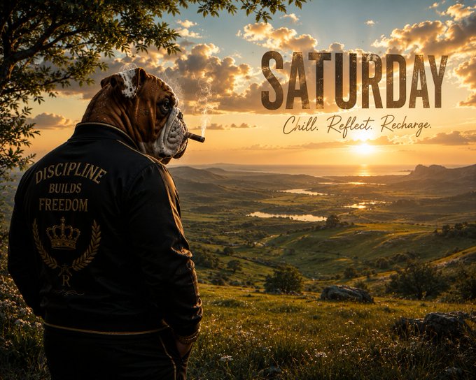 The image features a man dressed as a bulldog, wearing a jacket with the words "discipline builds freedom", standing in front of a cliff overlooking a valley at sunset. The text "SATURDAY" is also present on the image. The caption below the image reads "Gm CT What are your plans this weekend? Chasing Ws or touching gra$$". This suggests that the man dressed as a bulldog might be planning to go for a walk, possibly along the cliffside, and enjoy the beautiful sunset view while smoking a cigarette.