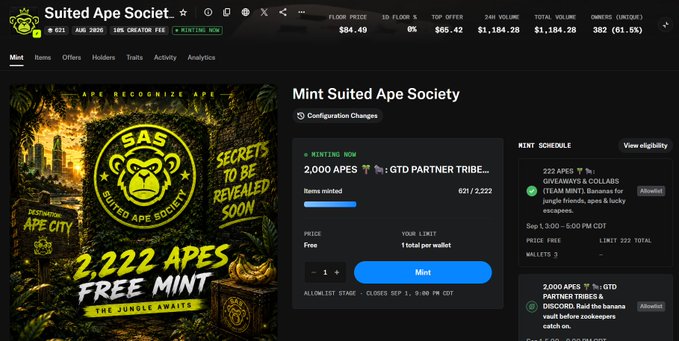 Screenshot of the "Suited Ape Society" NFT minting page on OpenSea, showing a free mint for 2,222 apes with 621/2,222 already minted and a giveaway to GTD partner tribes scheduled for Sep 1 at 5:00 PM CDT.