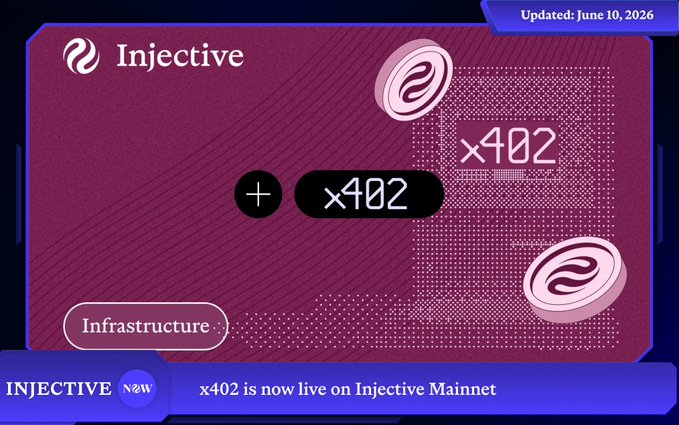 The image features a purple square with white text, which reads "Injective x402 is live on @injective mainnet! With x402 on Injective, anyone can power the fastest payments worldwide that works at Internet scale. Neo-banks. A new revolution in onchain finance." The post is about an innovative payment system called Injective, and it's currently live on the mainnet of the Injective network. This means that anyone with access to the mainnet can use this system for fast payments.