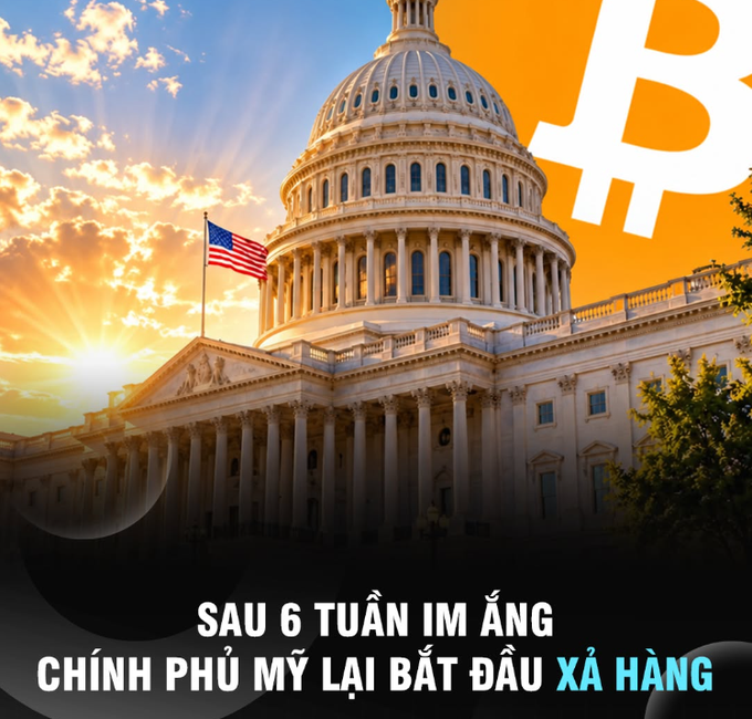 A graphic featuring the U.S. Capitol building with a Bitcoin logo overlay, accompanied by Vietnamese text translating to 'After 6 weeks of silence, the US government started dumping.'