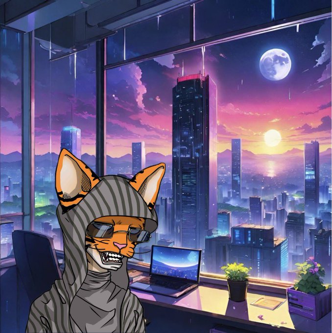 An anthropomorphic orange cat wearing a striped hoodie and sunglasses grins while sitting at a desk with a laptop, framed against a vibrant anime-style cityscape at dusk with twin moons in the sky. The cozy nighttime scene perfectly captures the relaxed "good night" vibe of the post, as the cat appears to be signing off for the evening.