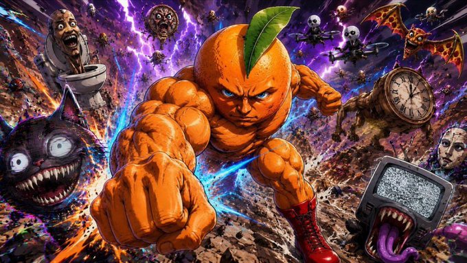 The image features a heavily muscled anthropomorphic orange with red boxing boots, red boxing gloves, and a green leaf atop his head, charging forward with clenched fists, surrounded by surreal and chaotic imagery including a screaming toilet, a monstrous cat, a TV-headed creature, skulls, a ticking clock, and a bat. The meme pairs with the post "Goodnight and Stay $Udin," suggesting the orange warrior is the lone bullish defender battling to keep the ticker ($Udin) from being wiped out by the nightmarish, chaotic market forces surrounding him.
