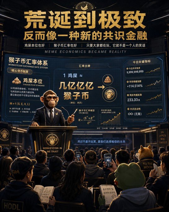 A meme-style infographic about 'Meme Economics Became Reality' featuring a monkey in a suit at a podium, with Chinese text discussing the 'Monkeycoin Exchange Rate System' and humorously suggesting 1 chicken equals 'hundreds of millions' of monkey coins.