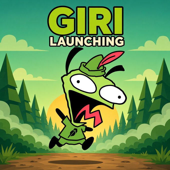 The image is a cartoon promotional graphic featuring a wide-eyed green mascot wearing a Robin Hood-style hat with a red feather, set against a forest backdrop with the bold text "GIRI LAUNCHING" above. The playful character and adventurous setting visually reinforce the token's Robinhood Chain theme, as mentioned in the post announcing its 4 PM UTC launch on Pons with an ETH pair.