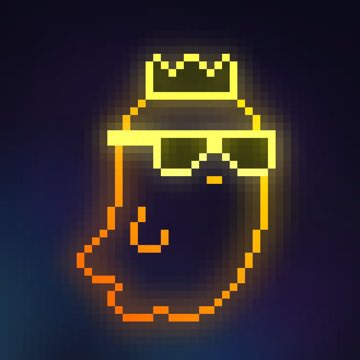 A pixel art character wearing sunglasses and a crown rendered in glowing yellow and orange tones against a dark background.