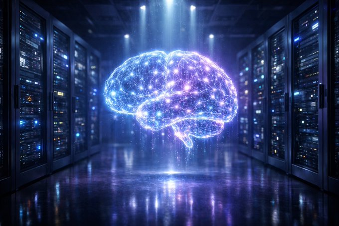 A glowing, holographic brain made of interconnected neural nodes floats between rows of illuminated server racks in a dark data center, symbolizing the rise of AI-powered cyber threats. The image visually reinforces the article's message about artificial intelligence empowering less sophisticated hackers, contributing to the $1.3 billion in Web3 losses reported by CertiK in the first half of 2026.
