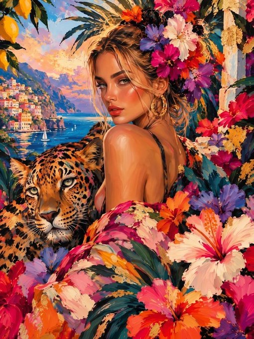 A vibrant, colorful painting of a young woman with flowers in her hair surrounded by tropical blooms and a jaguar, with a Mediterranean coastal village visible in the background.