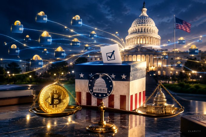A golden scale balances a Bitcoin coin against a model of the U.S. Capitol beside a ballot box, with glowing padlocks and data streams connecting the two sides—symbolizing Ripple's effort, via the CLARITY Act lobbying, to directly link everyday crypto holders (67 million Americans) with hesitant U.S. senators weighing digital asset regulation.