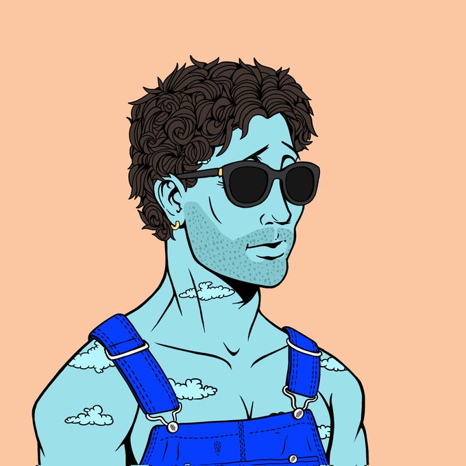 A stylized digital illustration of a man with curly brown hair, sunglasses, a blue-skinned face, an earring, cloud tattoos on his neck and chest, and blue overalls against a peach background.